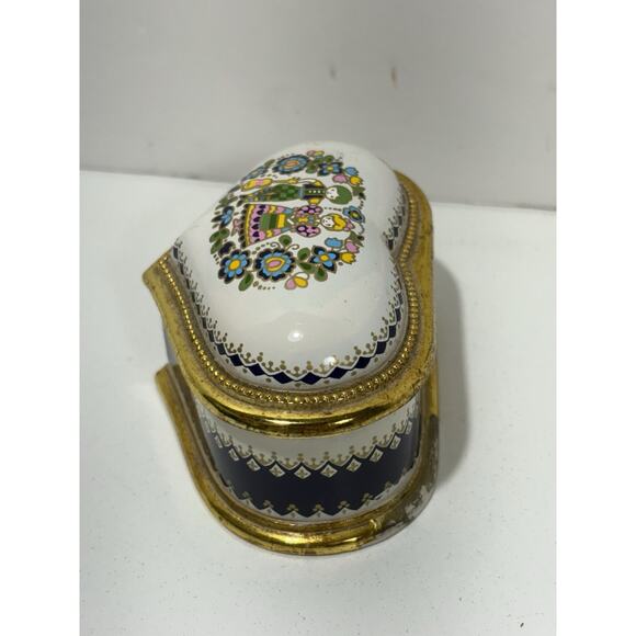Sankyo Japan Heart Shape Design Musical Trinket Box White Blue Gold Hand Painted - Picture 3 of 8